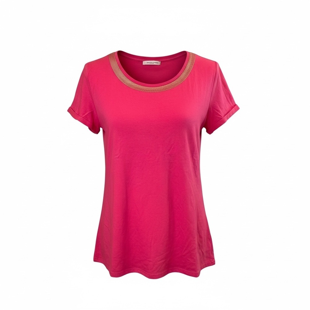 Talbots Pink Short Sleeve Tee Gold Trim Neck Classic Casual Top M everyday wear